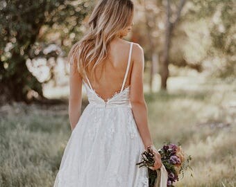 Gillian / Lace Bohemian Wedding Dress / Cotton Lace with OPEN BACK Boho Romantic Rustic Wedding Dress /Thin Spaghetti Straps