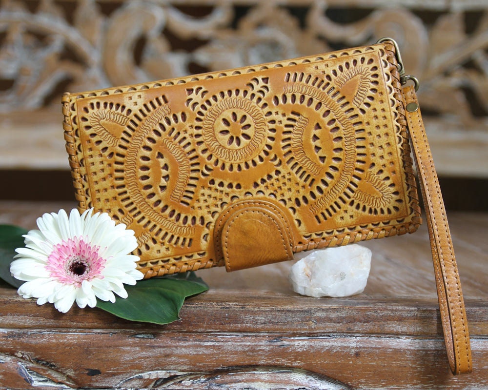 Cognac Leather Wallet Womens Wallet with Wristlet Boho