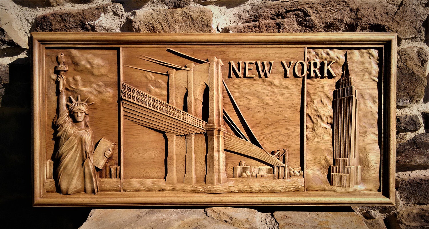 New York Wood Carving Wall Hanging Home Decor Woodwork Art