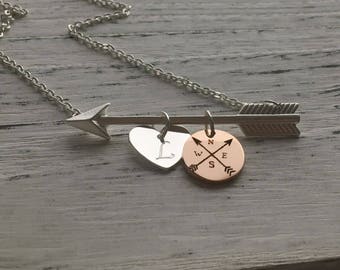 Custom engraved necklace, Engraved compass necklace, silver arrow, engraved initial heart, Graduation gift 2017, Compass engrave, hers, gift