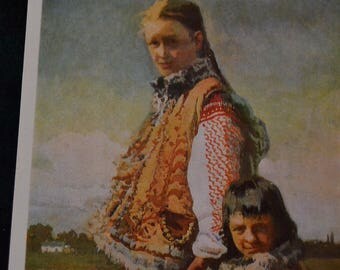 Ukrainian vintage art postcard, I. Trush "Hutsul Woman and Child", Soviet art postcard, Ukrainian art illustration, Printed in USSR
