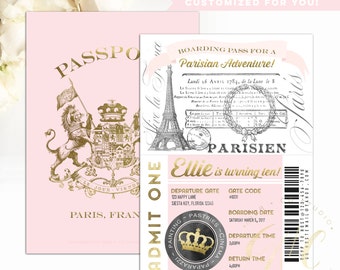 Passport to Paris Birthday invitation - blush pink gold vintage - boarding pass - 5th, 6th, 7th, 8th, 9th, 10th, 11th birthday- Gibb Co D013