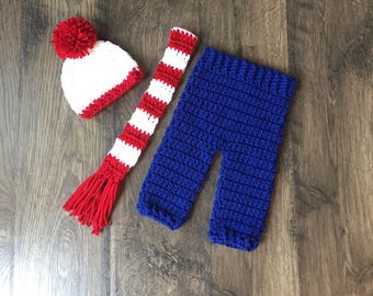 Where's Waldo Inspired NB Baby Boy Outfit Pants, Hat, Scarf Set Prop/Costume Handmade Crocheted Ready To Ship Made in the USA