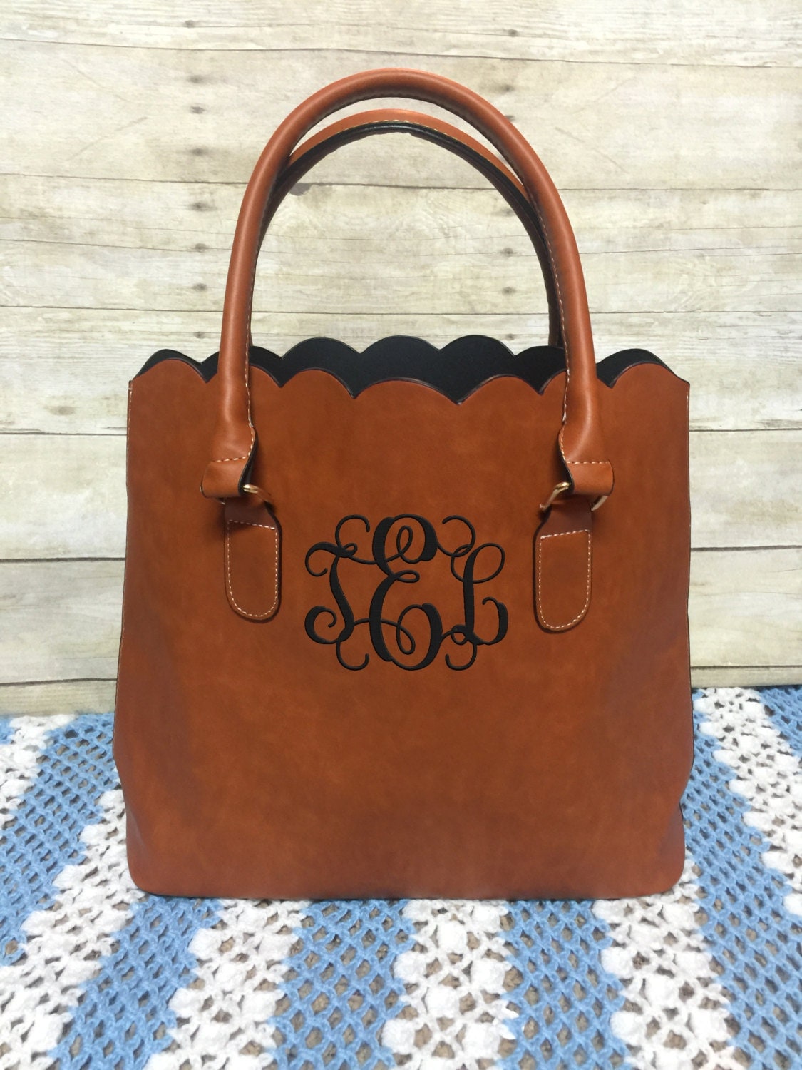 Personalized Monogrammed Faux leather scalloped bag scalloped