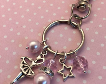Ballerina bag charm, pink ballerina keyring, dancer beaded keyring, girls blue beaded bag charm, purple bead keyring, girls ballet accessory
