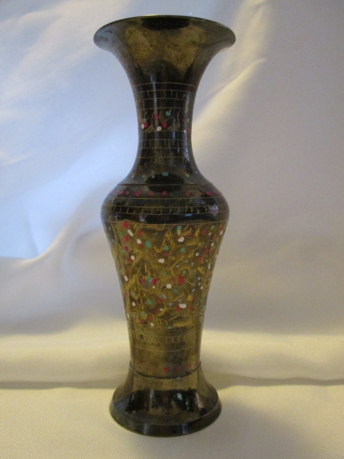Vintage metal Vase with etching and enamel