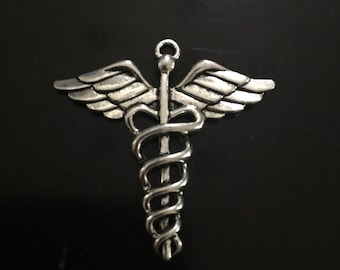 2 PC Large Antique Silver Tone Caduceus Charm-Medical Charm-Caduceus Pendant
