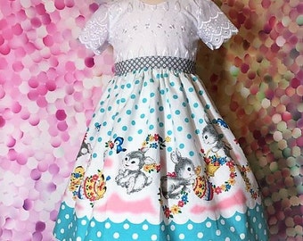 Girls Easter dress, Easter dress, size 5 Easter dress, lace Easter dress, bunny Easter dress, rare fabric, OOAK, RTS, bunnies, special dress