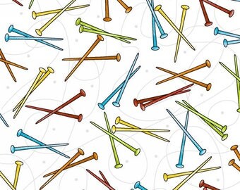 Knit Happy Fabric / Knitting Needles on White / Henry Glass Fabrics 1083 / Yardage and Fat Quarters