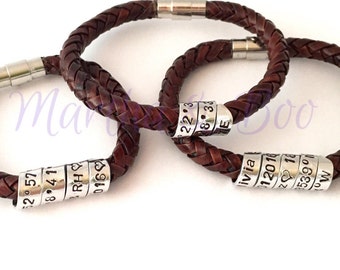 Custom men's leather bracelet, father's day gift, coordinates jewellery, secret message, woven leather, spiral jewelry, handstamped, couples