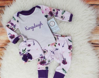 Newborn girl coming home outfit/ Baby girl coming home outfit/ Baby girl clothes/ Plum floral + gray pinstripes/ Baby shower gift