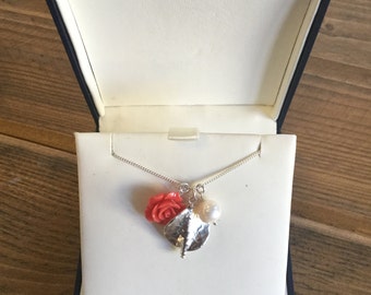 Silver Leaf, Rose and Pearl necklace. Sterling silver necklace