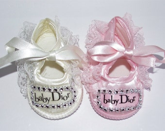 Romany Bling Bespoke Pink Cream Satin Baby Dior Ribbon Baby Shoes