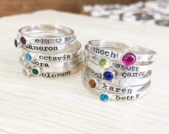 Stackable Birthstone Ring - Birthstone Ring - Hand Stamped Stacking Rings - Name Ring Stackable - Sterling Silver Name Ring - Stacking Rings