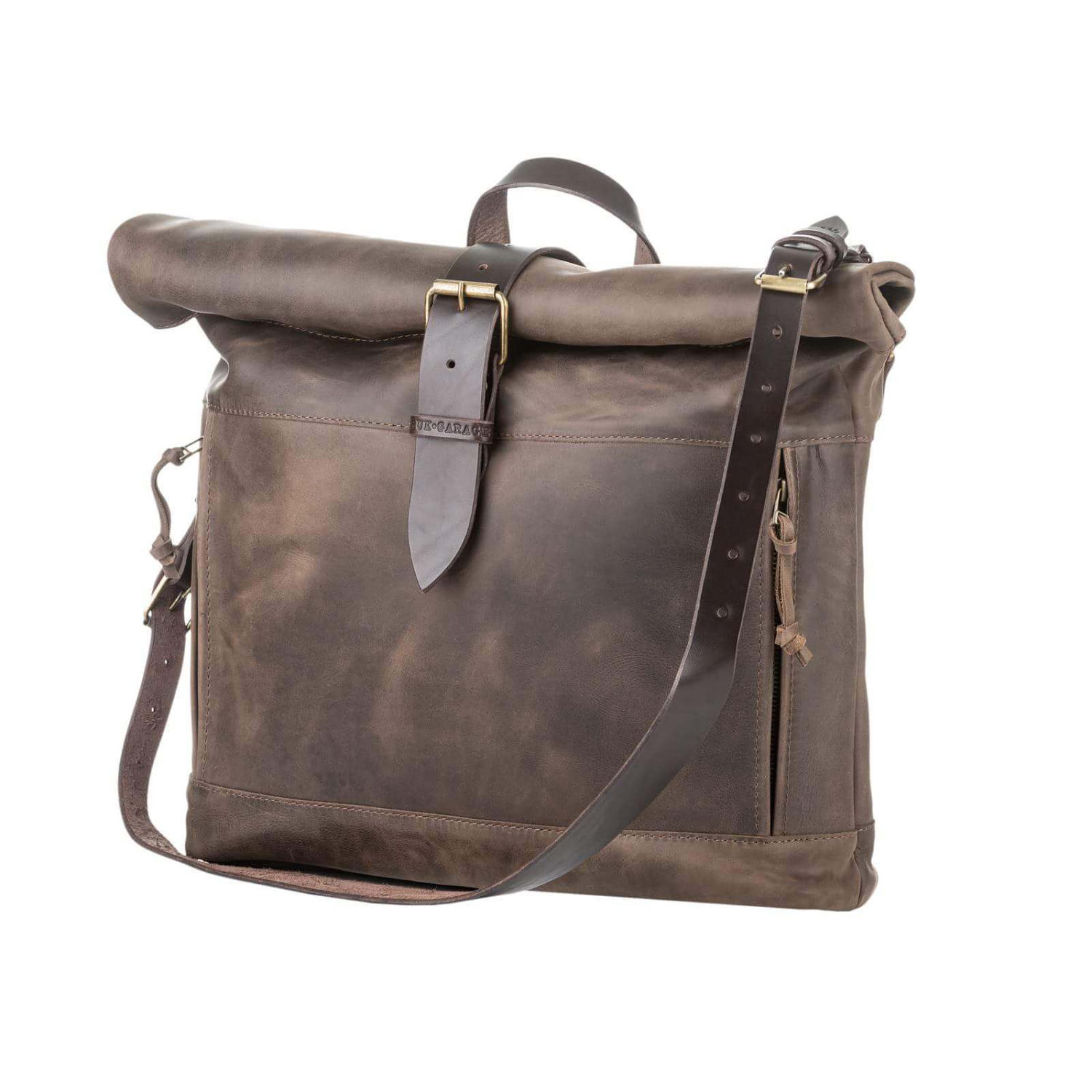 Messenger leather bag Roll top bag by Kruk Garage Brown