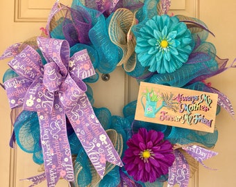 Mother's Day Wreath with Custom-Made Wooden Plaque and Gorgeous Burlap Mother's Day Ribbons and Bow