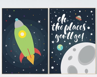 Oh the places you'll go, outer space nursery wall art, navy space nursery decor, baby boy, moon print, playroom decor, kids room, space art