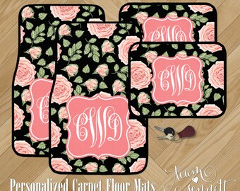 Victorian Rose Monogrammed Car Floor Mats - Black and Pink Floral Pattern Carpet Car Mats - Custom Printed Auto Decor - Car Accessory Gift