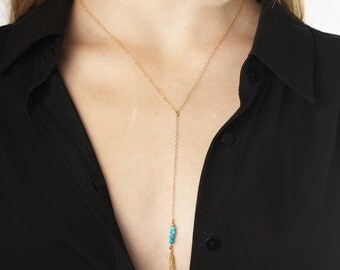 Necklace with turquoise stone and feather gold or 14 k