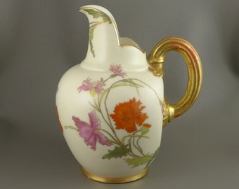 Royal Worcester Pitcher, Antique Royal Worcester Hand Painted Porcelain Flat Back Jug, c. 1890