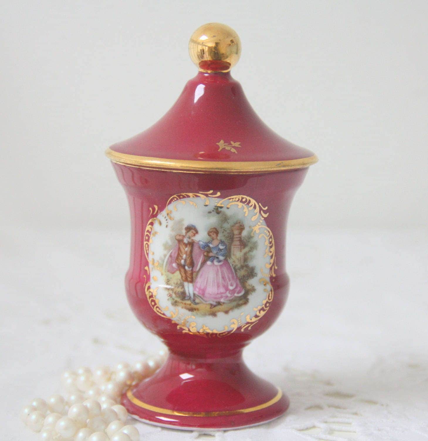 Vintage Limoges Porcelain Miniature Vase with Lid Fragonard