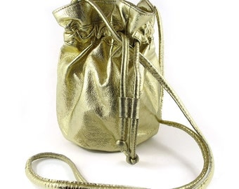 Pre Owned Metalic Gold Leather Draw String Pouch Bag