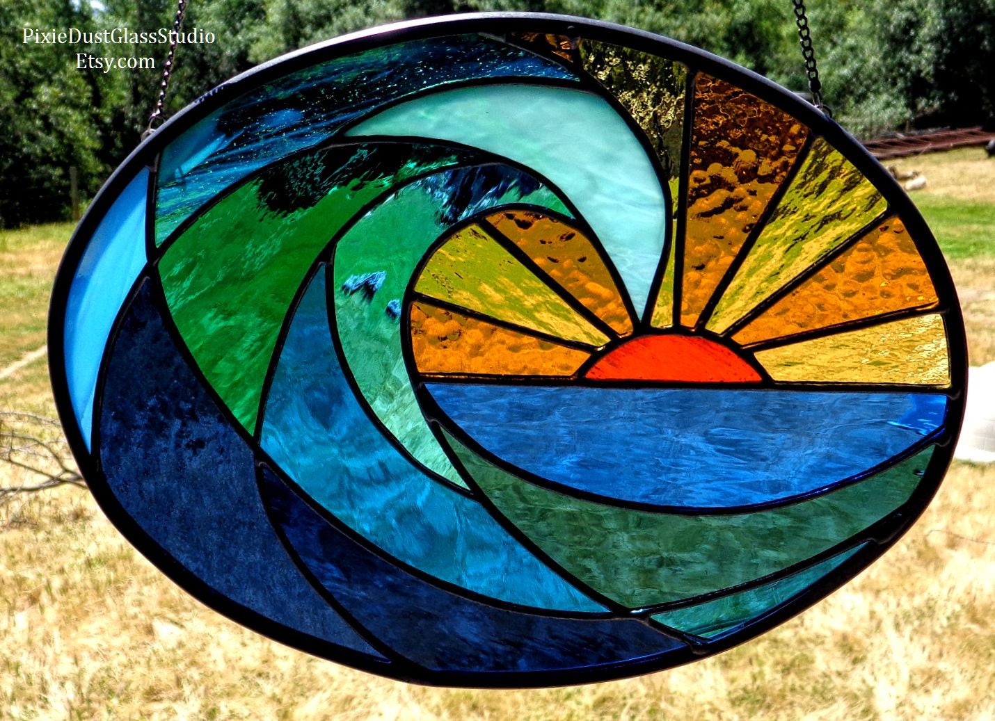 Stained Glass Suncatcher Ocean Wave at Dawn Oval Shaped