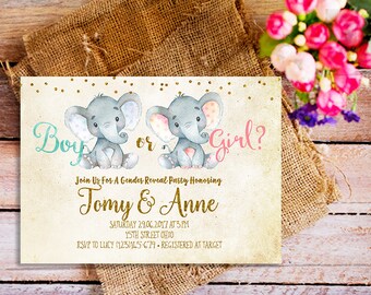 gender reveal Invitation, elephant gender reveal Invitation, forest gender reveal Invite, vintage gender reveal Invite, baby elephant