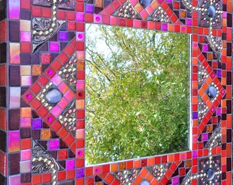 Mosaic mirror, mixed media mosaic mirror, square decorative handmade mirror, red purple pink metallic mirror, glass and polymer clay mirror