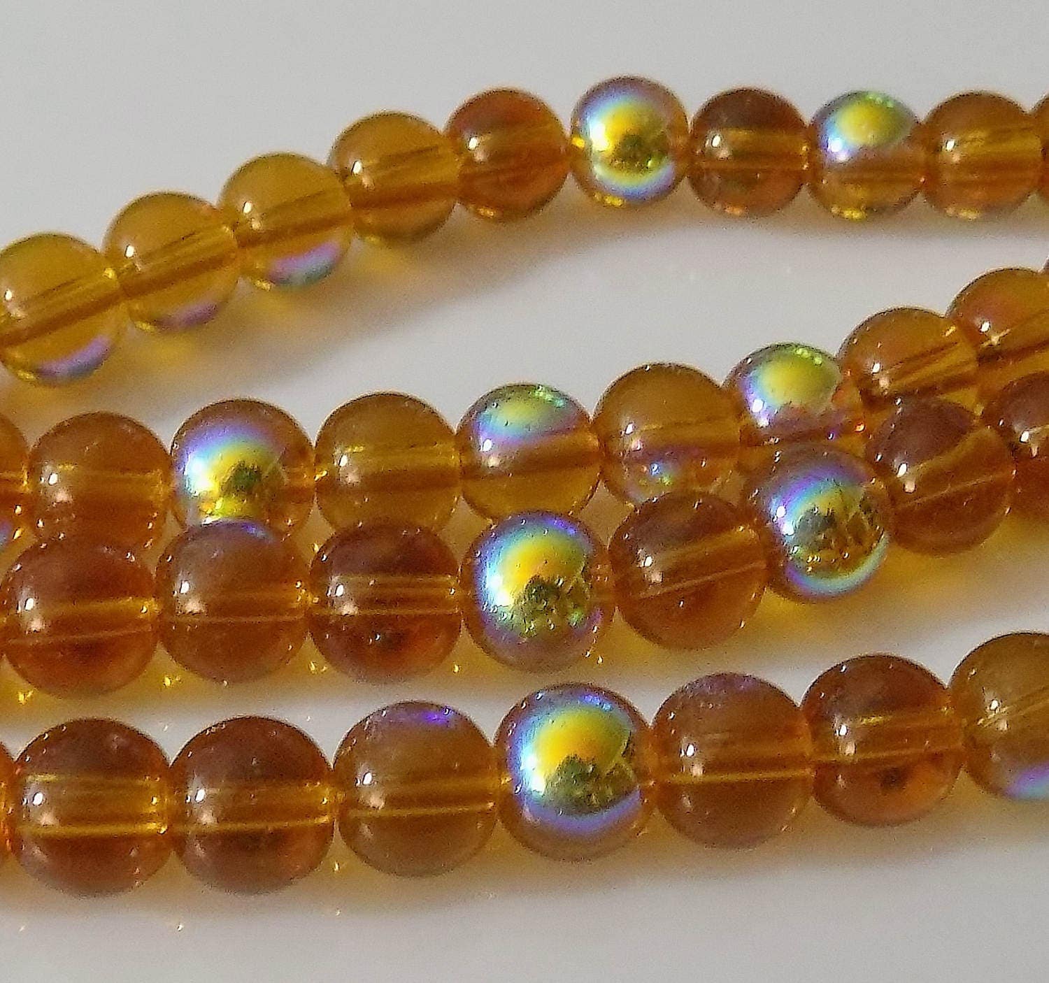 Amber 8mm Round AB Color Plated Glass Beads 12 Strand