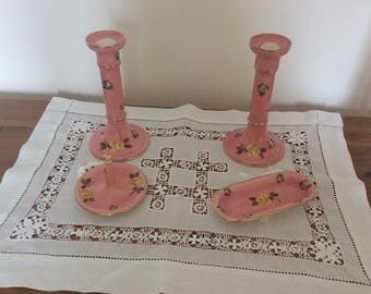 China dressing table set. Cauldon China, pink china, vintage china dressing table set, china candle holders, vintage bedroom china,