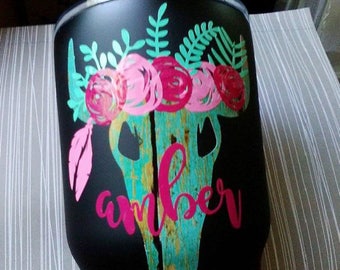 Floral Steer Skull, Boho Flowers Skull, Distressed wood vinyl decal, RTIC Cup decal, Tribal animal