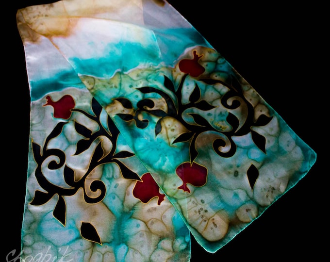 Hand Painted Silk Scarf - Batik - Armenian silk scarf - Pomegranate - Red, Black, Brown, White, Turquoise - Gift