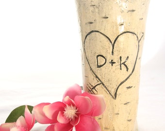 Personalized Initials Carved Heart Ceramic Faux Wood Vase / Personalized Vase