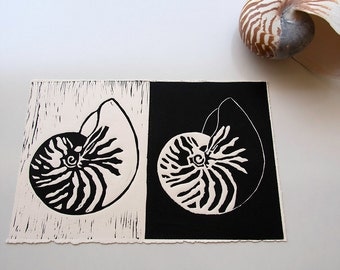 Nautilus shell, Linocut print, Ocean Art, Seashell print, Beach art, Beach house decor, Black and white art,