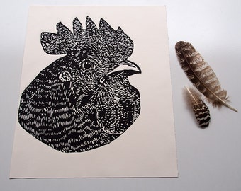 Chook Lino print, linoprint, Hen print, Chicken linocut, Kitchen art, hen linoprint, bird art, chicken print, chook art, chicken, Art Sale
