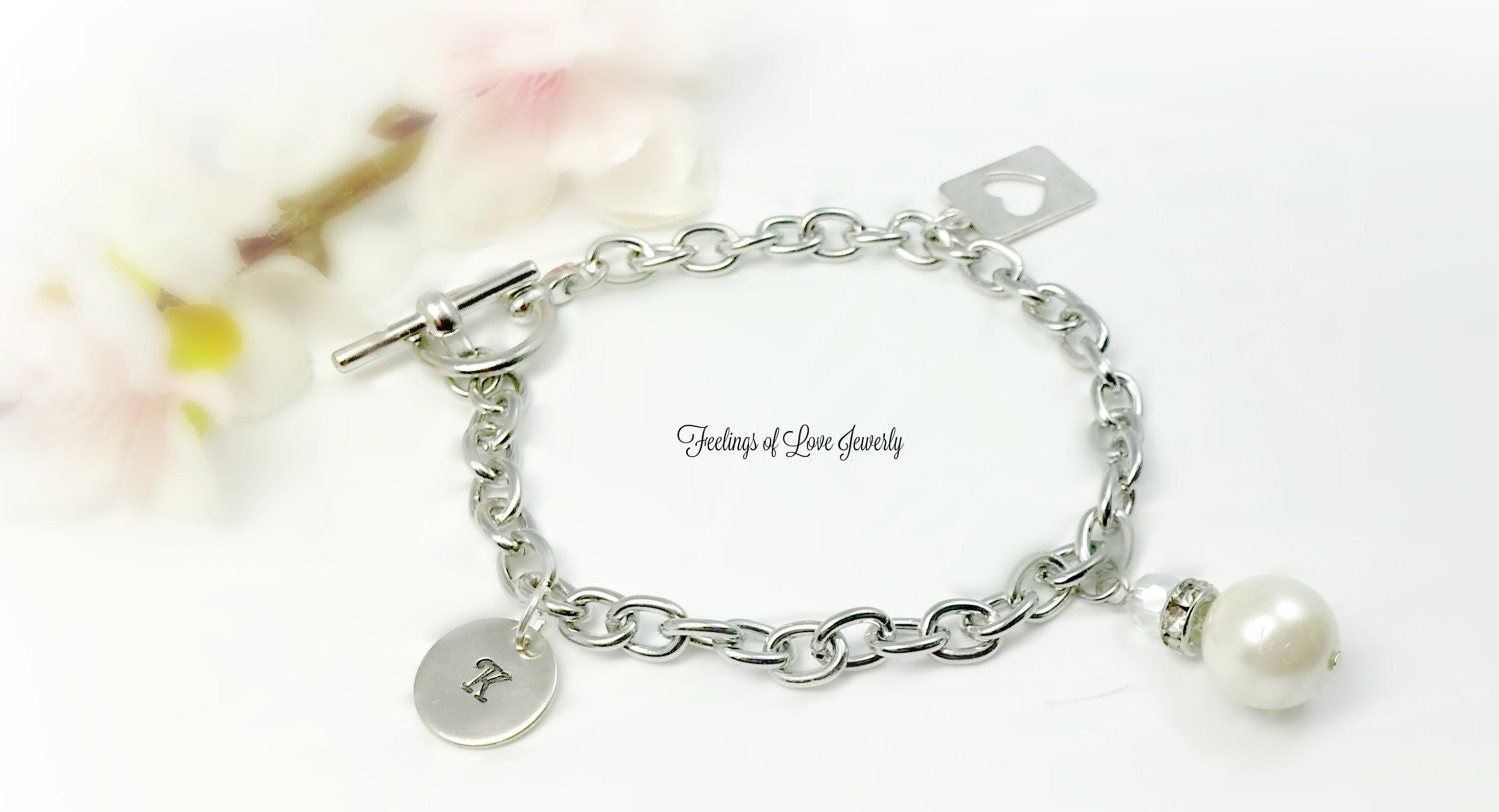 Silver Charm Bracelet, Personalized, Pearl