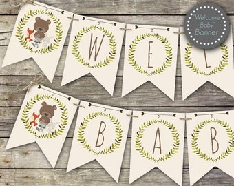 Woodland baby shower banner, Welcome Baby banner, printable banner, woodland baby shower decor, baby shower decorations