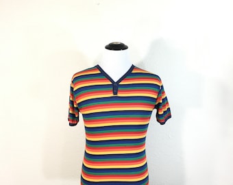 80's vintage rainbow striped henley v-neck t-shirt