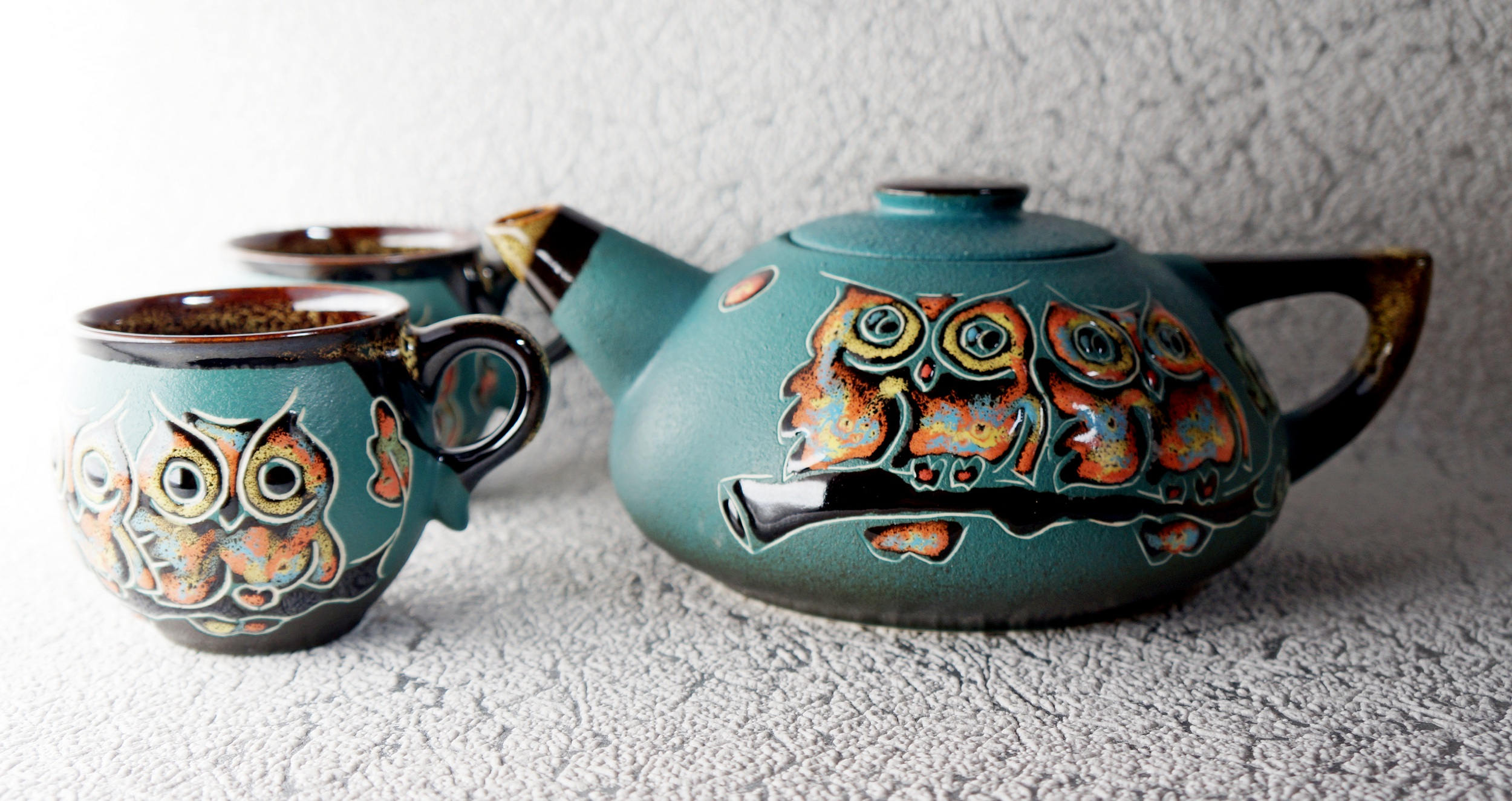 Tea set Owls Teapot set Ceramic pottery Green Owl teapot Tea
