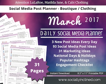 Social Media Planner for LuLaRoe or Clothing / Boutique - March 93 social media post ideas, 31 marketing tips, checklist, goal s & tasks