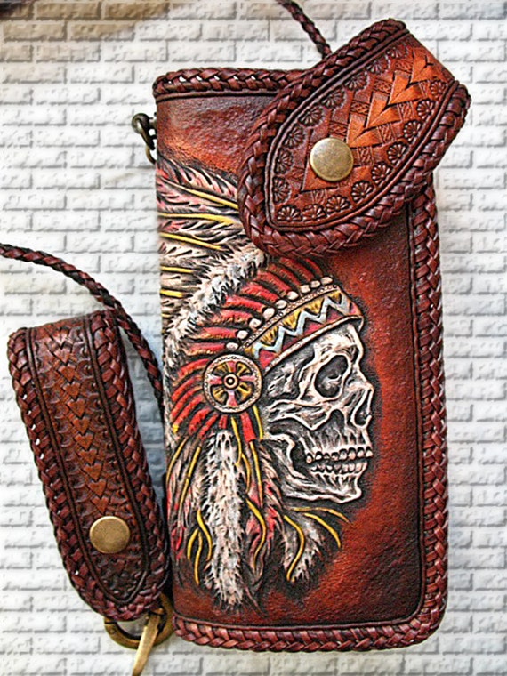 Biker Wallet Indian Skull Hand Tooled Hand Carved_belt by SPnaE