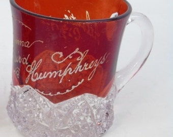 Ruby Red Flash Glass Antique Small Glass 1905 Souvenir Mug with Christianna Baird Humphreys and Atlantic City 1905 on the side; New Vintage