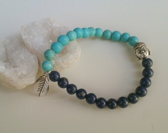 Turquoise and lapis lazuli bracelet with budha beads. Buddha bracelet with turquoise and lapis lazuli. Bracelet for creativity. gemoterapy