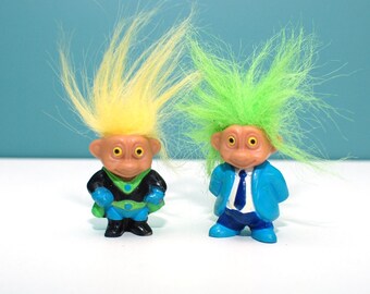 Collectible Soma troll dolls pair , bright green hair troll , yellow hair troll , vintage troll , mini troll