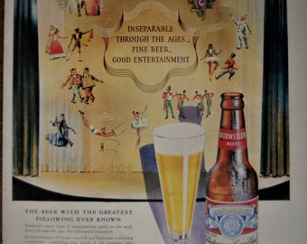 Budweiser Beer ad. 1947 Budweiser Beer ad. Vintage Budweiser Beer ad. Full color, illustrated.