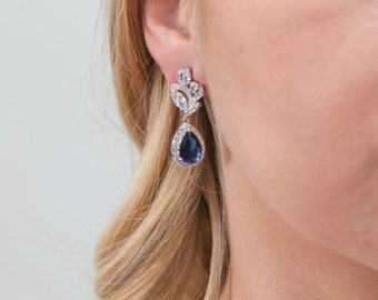 navy blue sapphire blue Wedding Jewelry Bridesmaid Gift Bridesmaid Jewelry Bridal Jewelry Drop Earrings Cubic dangle Earring,bridesmaid gift