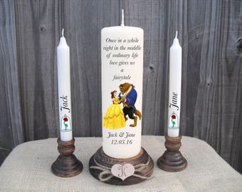 Personalised Beauty & The Beast Disney Unity Candle Set Wedding Engagement Centrepiece Gift Keepsake Anniversary