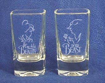 Set of 2 Beauty and the Beast Wedding shot Glasses