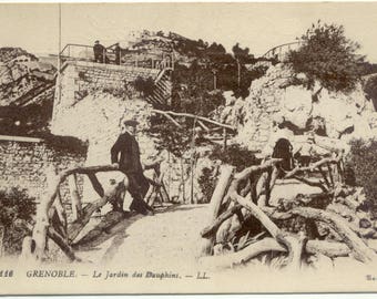 Man in Le Jardin des Dauphins GRENOBLE France Vintage POSTCARD Carte Postale